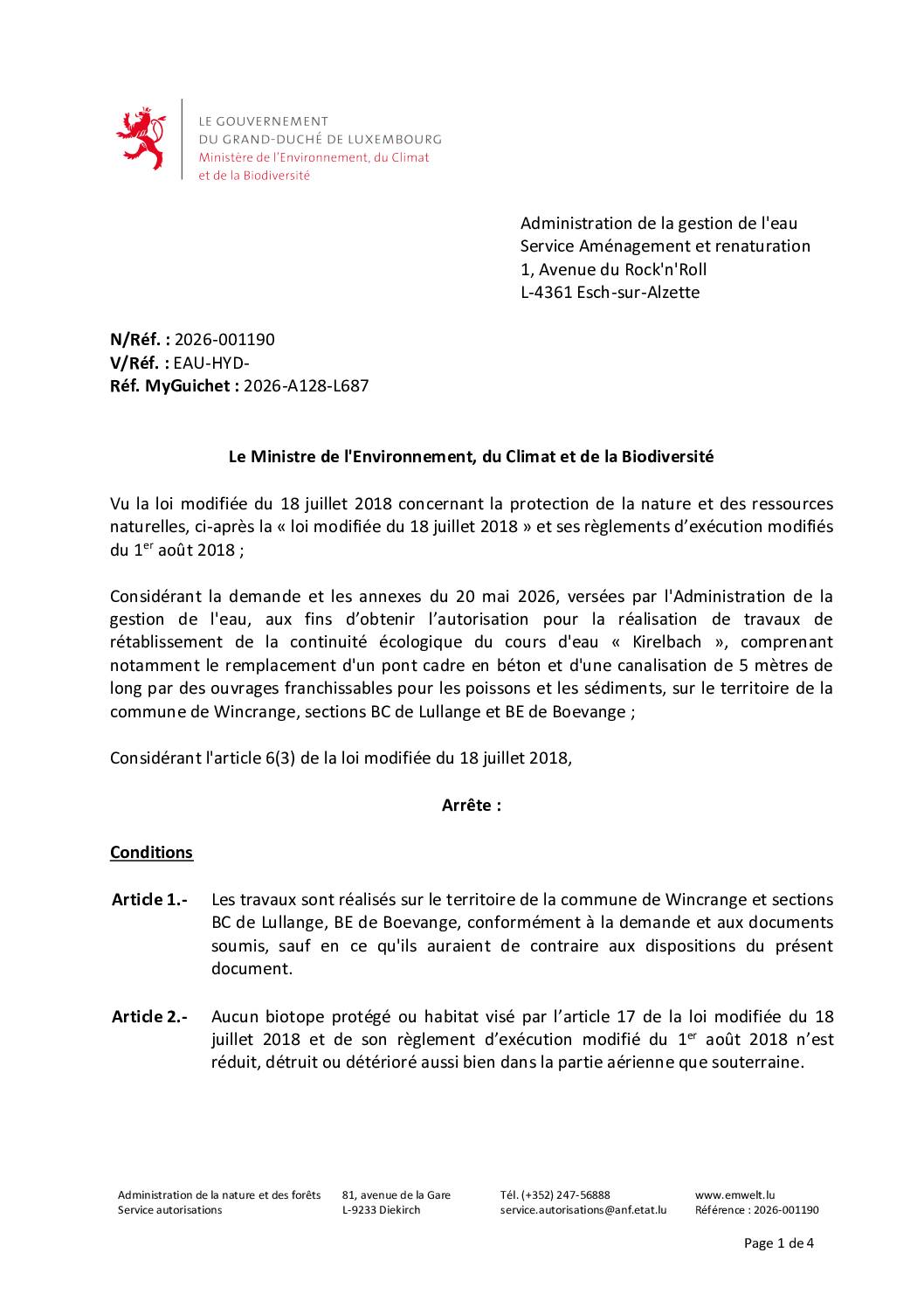 Autorisation: réalisation de travaux de rétablissement de la continuité écologique du cours d&rsquo;eau « Kirelbach »
