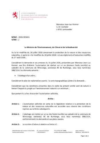 Autorisation: abattage d'un arbre à Rumlange