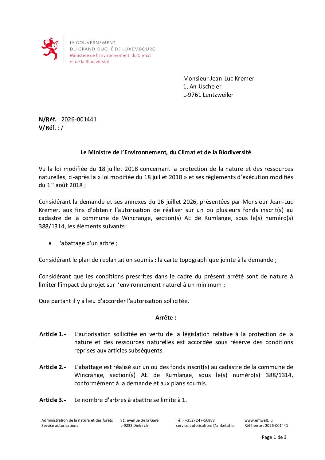 Autorisation: abattage d&rsquo;un arbre à Rumlange