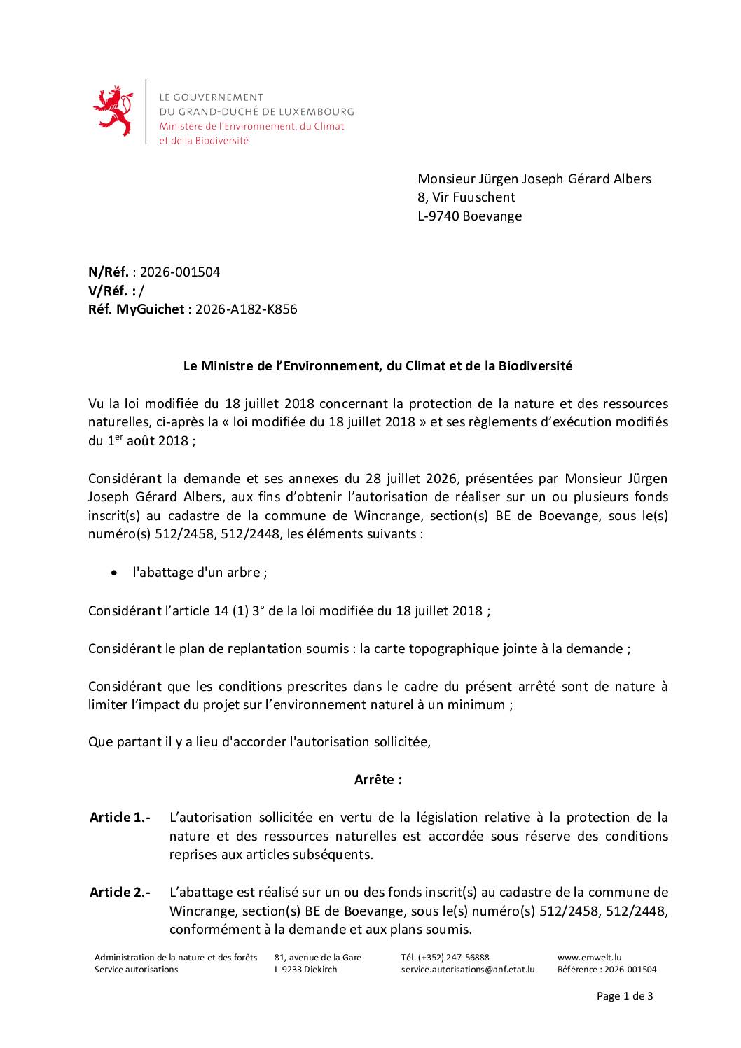 Autorisation: abattage d&rsquo;un arbre à Boevange