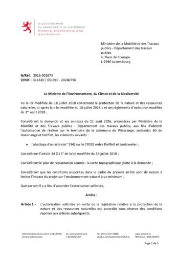 Autorisation: abattage d'un arbre entre Deiffelt et Lentzweiler