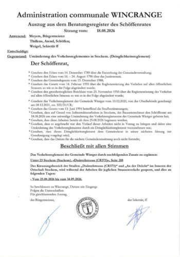 Règlement de circulation: le croisement entre les rues "Duärrefstrooss" (CR373) et "An der Driicht" à Stockem barré à la circulation du 25 août au 14 septembre 2026