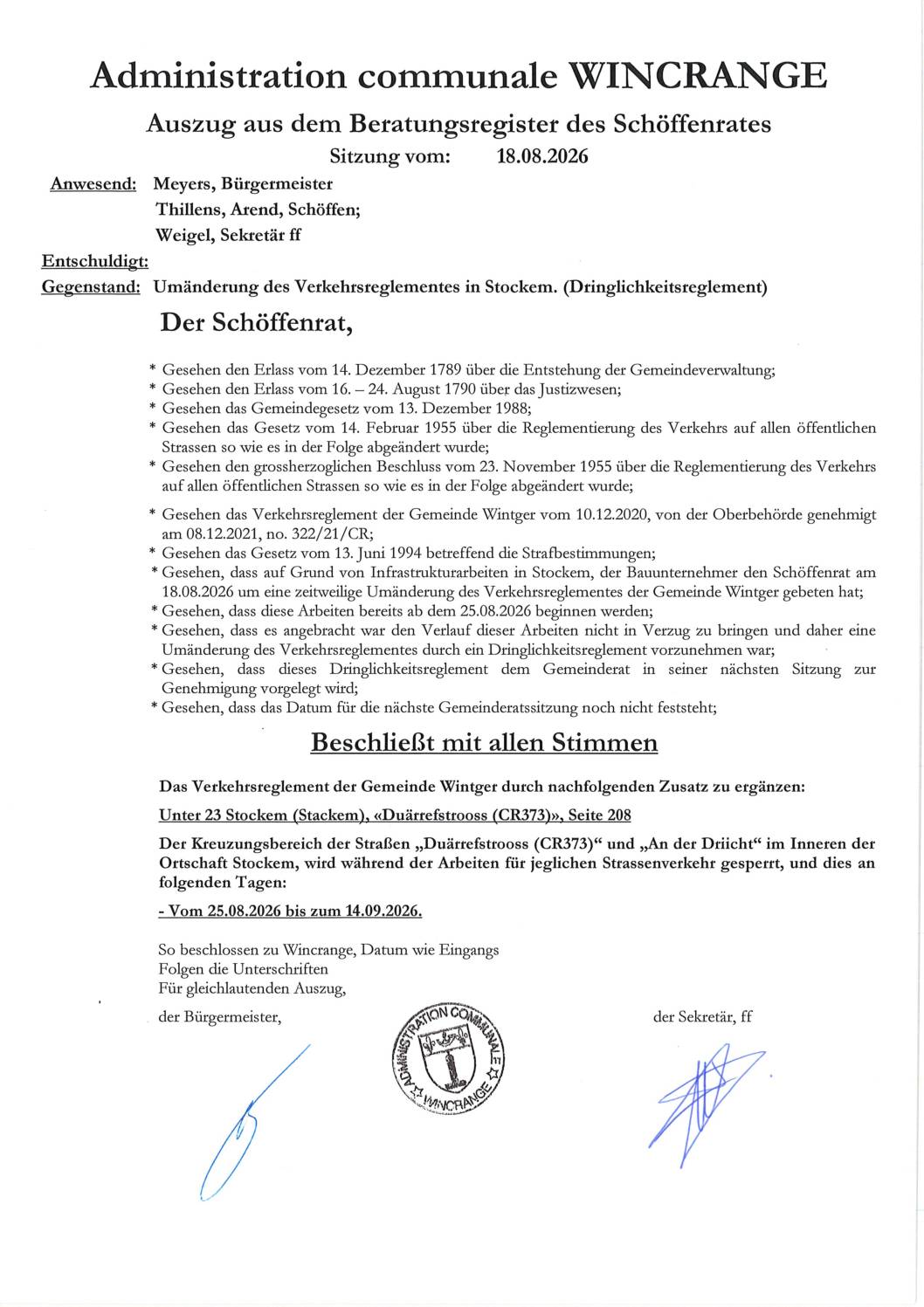 Règlement de circulation: le croisement entre les rues « Duärrefstrooss » (CR373) et « An der Driicht » à Stockem barré à la circulation du 25 août au 14 septembre 2026