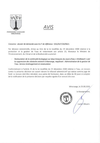 Avis: restauration de la continuité écologique sur deux tronçons du cours d'eau "Kirelbaach"