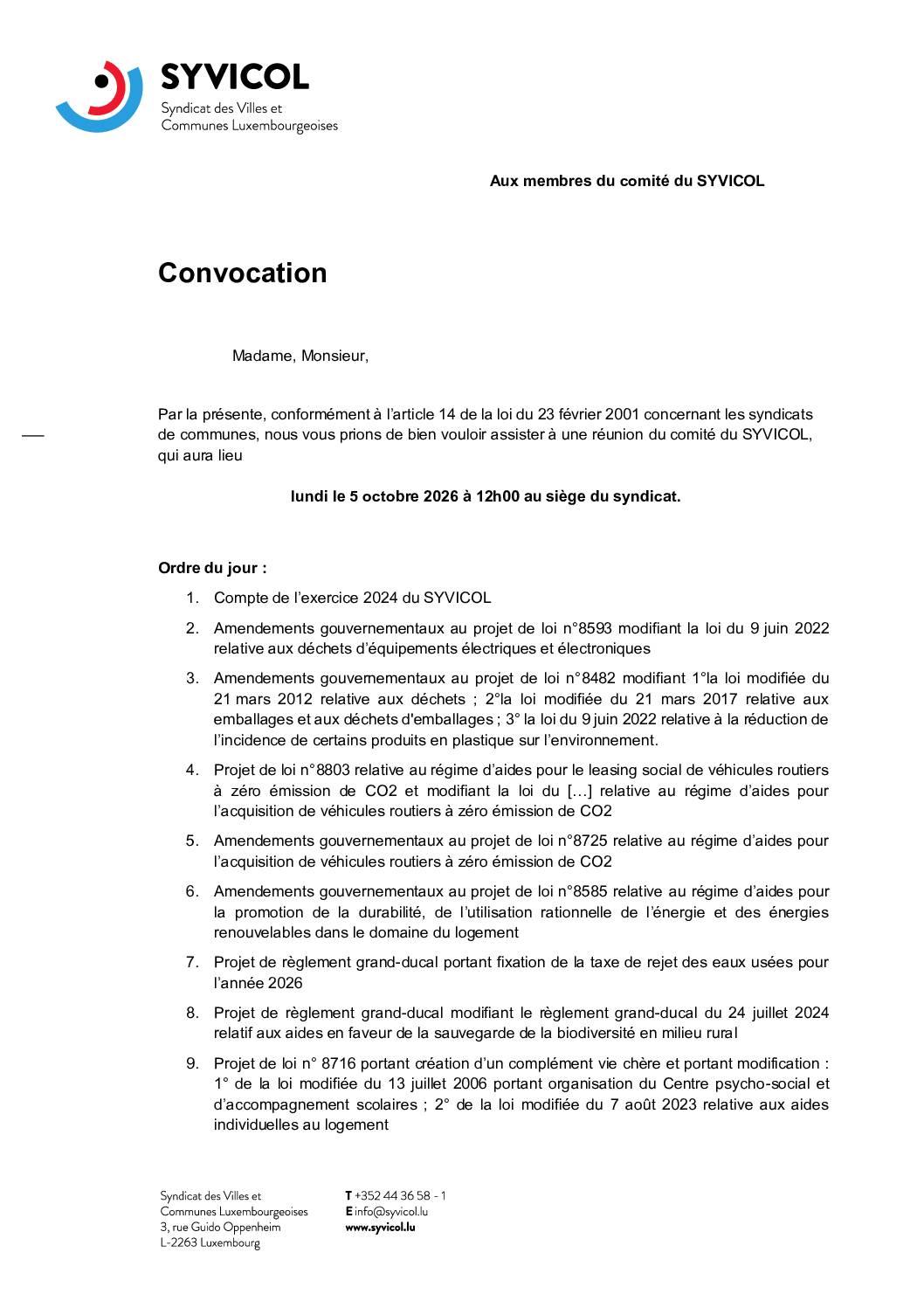 SYVICOL: convocation à la réunion du comité