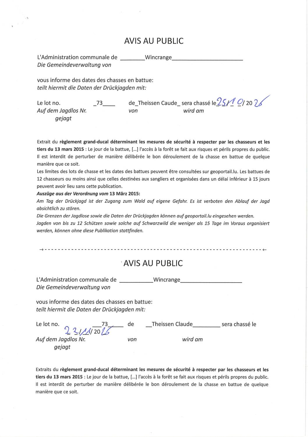 Chasse en battue lot 73 – 25 octobre & 22 novembre 2026