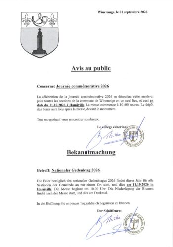 Avis au public: Journée commémorative 2026 - 11 octobre 2026 à Hamiville