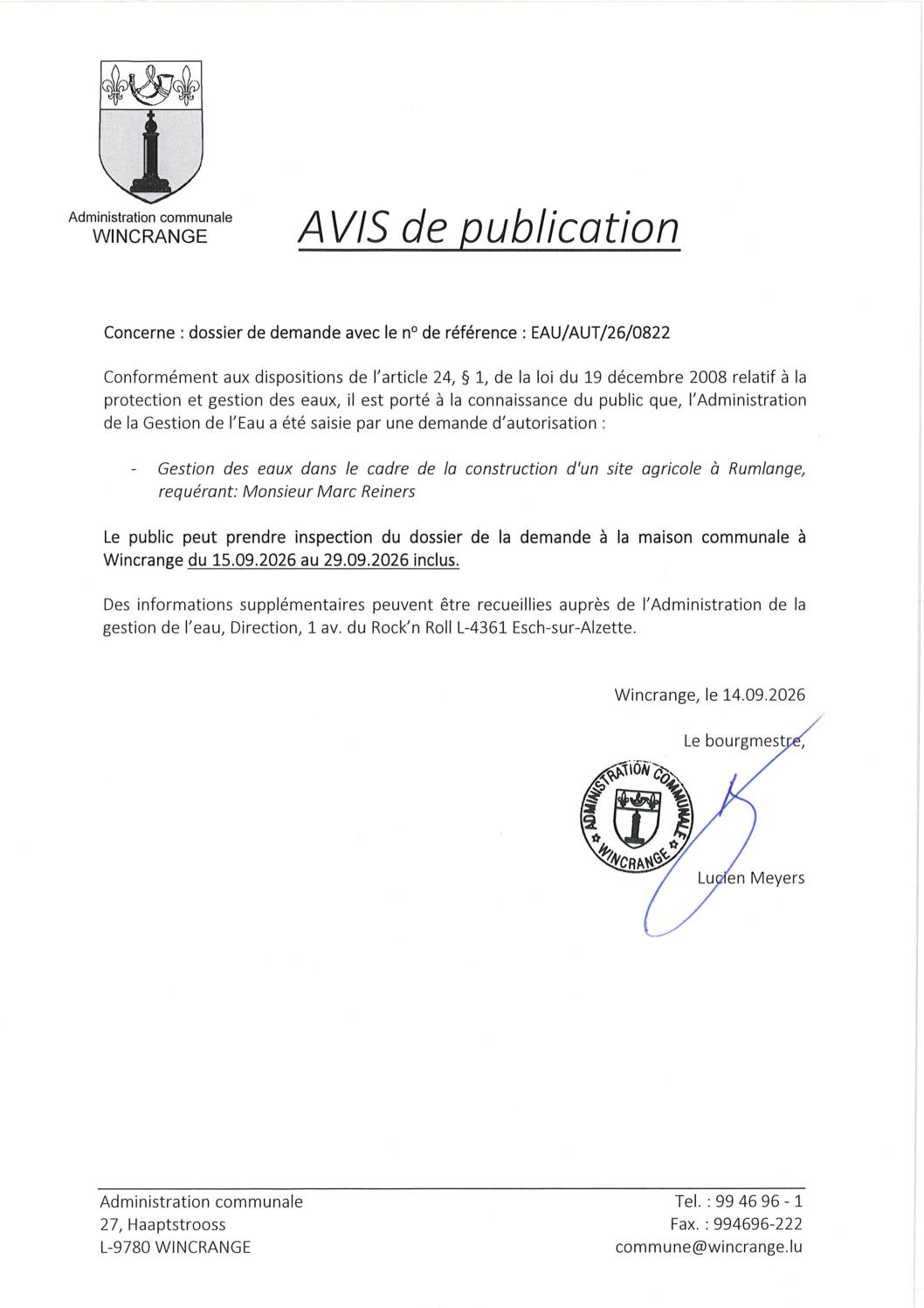 Avis de publication: gestion des eaux dans le cadre de la construction d&rsquo;un site agricole à Rumlange
