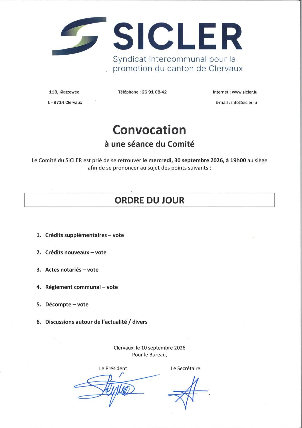 SICLER: convocation à la réunion du comité