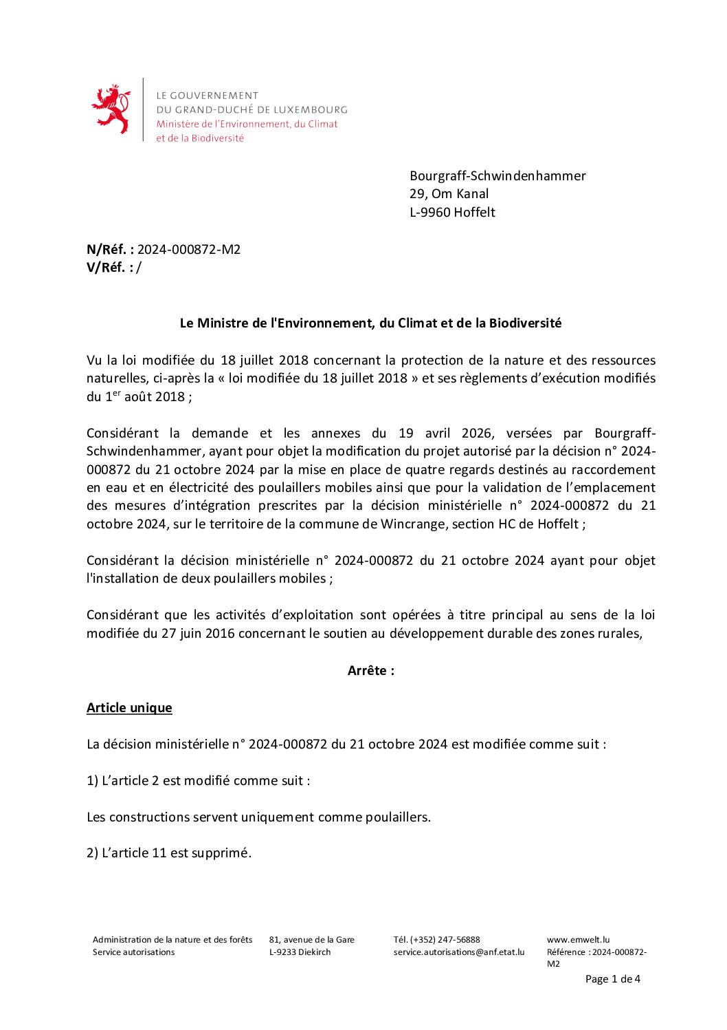 Autorisation: modification du projet autorisé 2024-000872