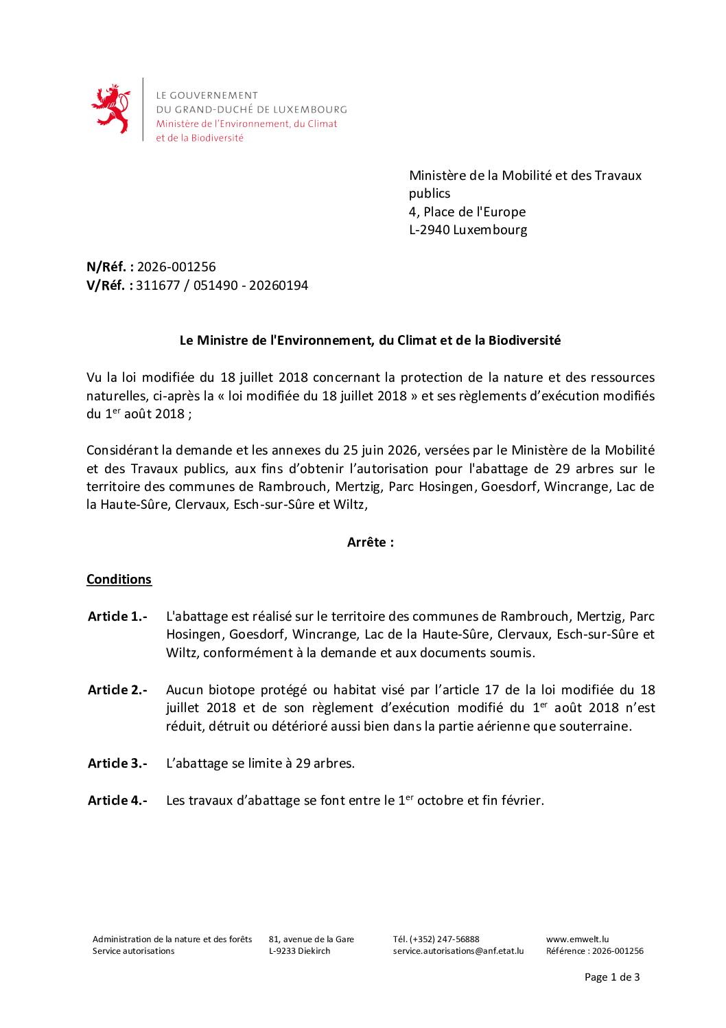 Autorisation: abattage de 29 arbres dans diverses communes