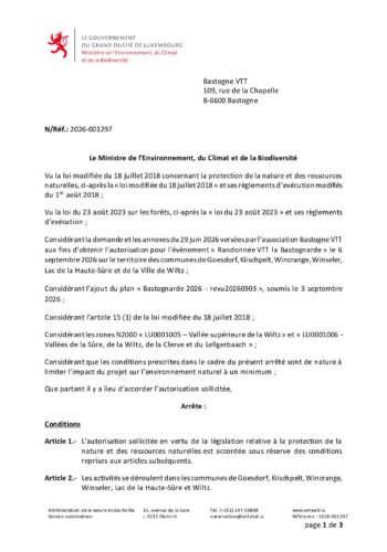 Autorisation: événement "Randonnée VTT la Bastognard"