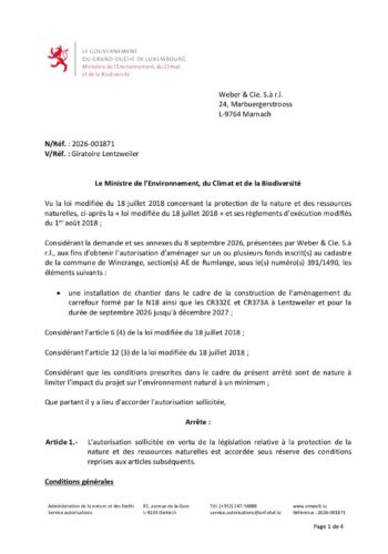 Autorisation: installation de chantier pour la construction de l'aménagement du carrefour formée par la N18, le CR332E et le CR373A à Lentzweiler