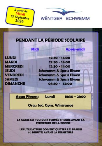 Piscine: horaires d'ouverture à partir du 15 septembre 2026
