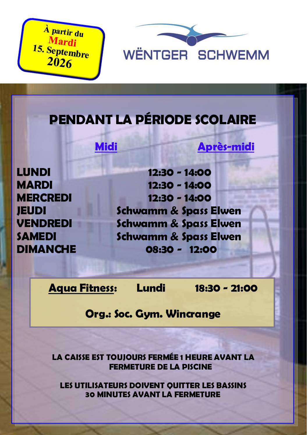 Piscine: horaires d&rsquo;ouverture à partir du 15 septembre 2026