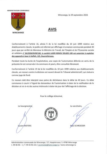 Avis: exploitation d'appareils à laser à Hoffelt