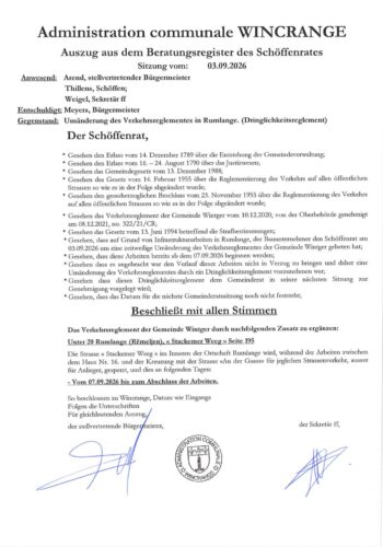 Règlement de circulation: la rue "Stackemer Weeg" à Rumlange barrée à la circulation (excepté riverains) à partir du 07 septembre 2026 jusqu'à finalisation des travaux