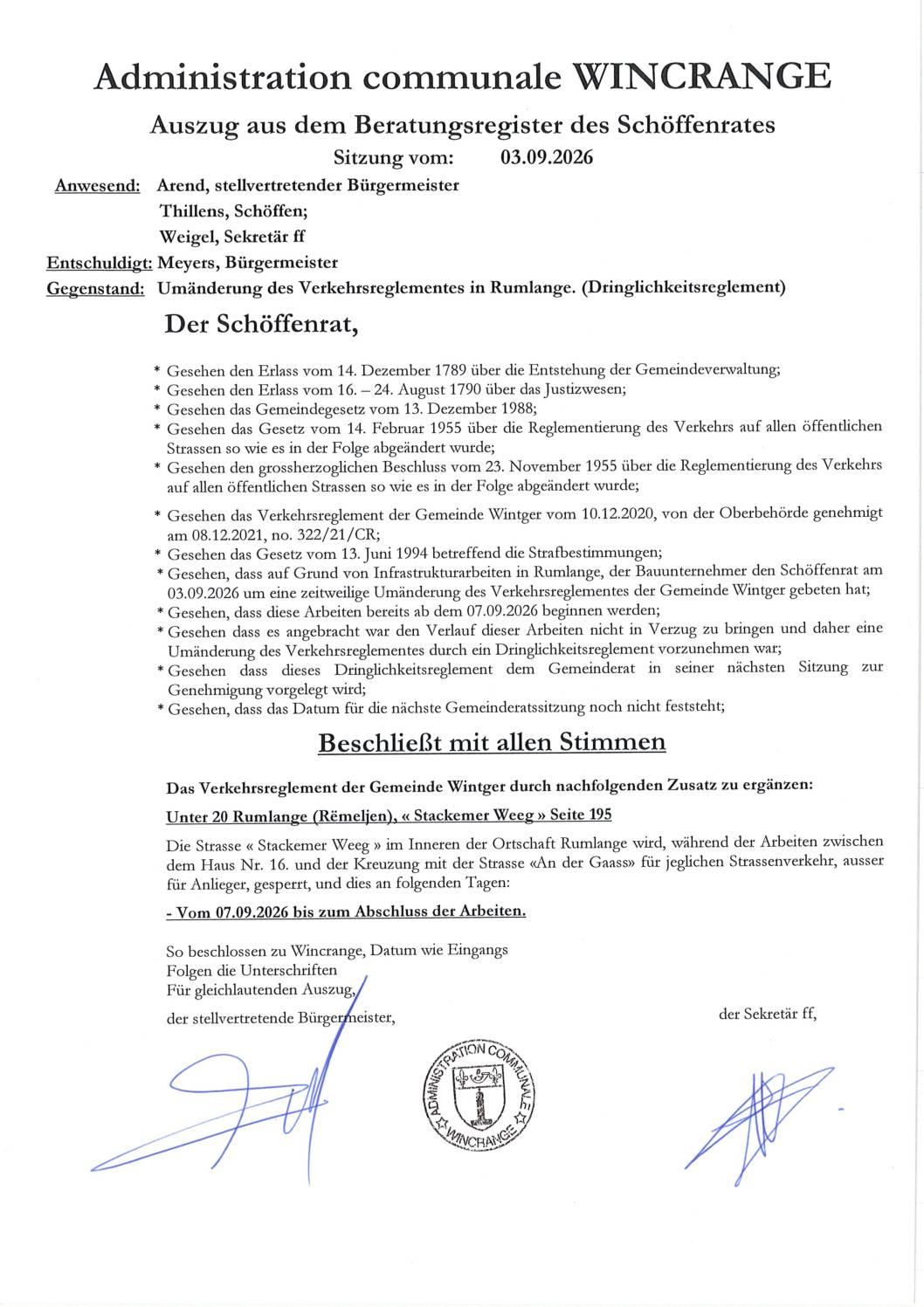 Règlement de circulation: la rue « Stackemer Weeg » à Rumlange barrée à la circulation (excepté riverains) à partir du 07 septembre 2026 jusqu&rsquo;à finalisation des travaux