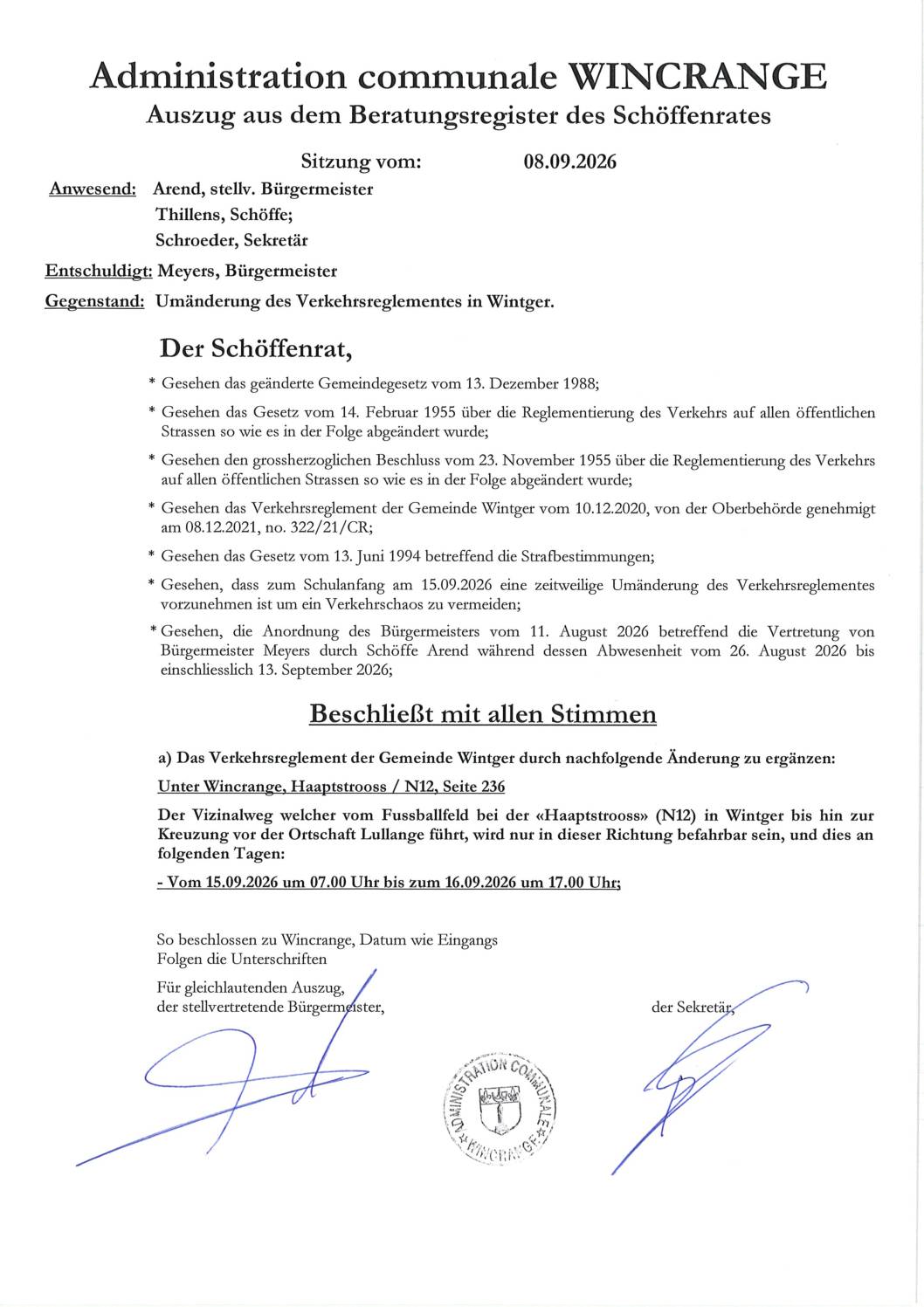 Règlement de circulation: le chemin vicinal menant du terrain de foot au village de Lullange praticable uniquement en sens unique, dans cette direction les 15 et 16 septembre 2026