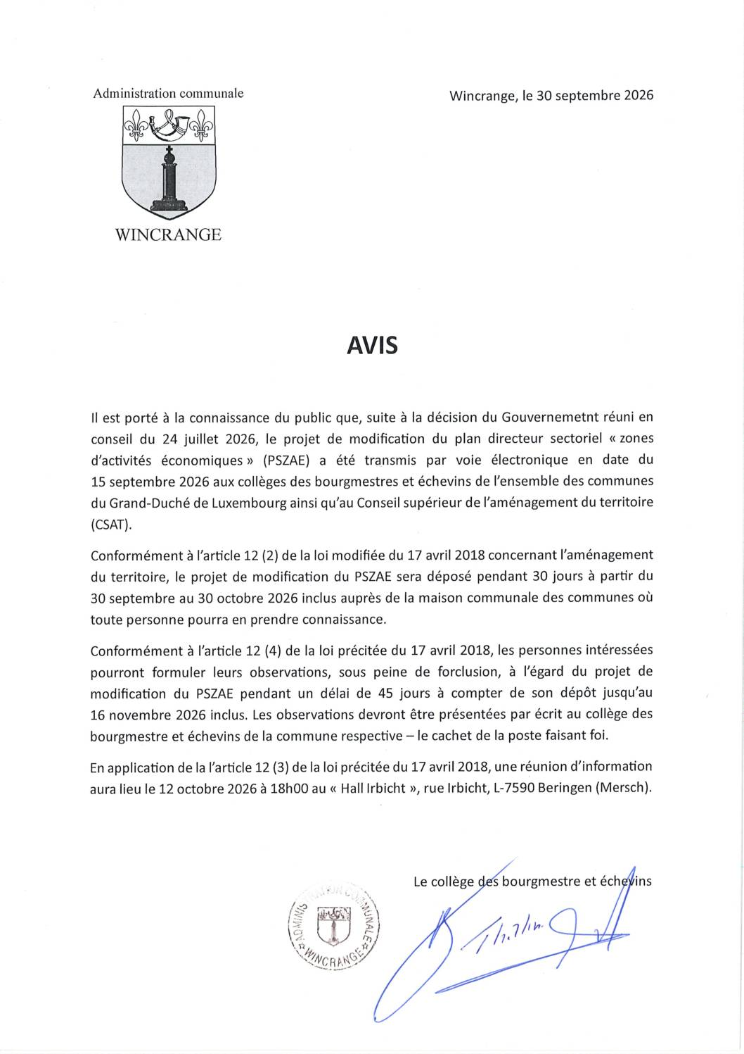 Avis – Projet de modification du plan directeur sectoriel PSZAE