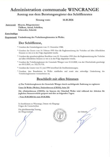 Règlement de circulation: la rue "Duärrefstrooss" (CR333) à Weiler barrée à la circulation les 28 et 29 octobre 2026