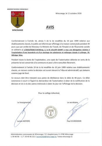 Avis: dérogation pour l’exploitation d’une buanderie et d’un stockage de substances et mélanges classés à Lullange