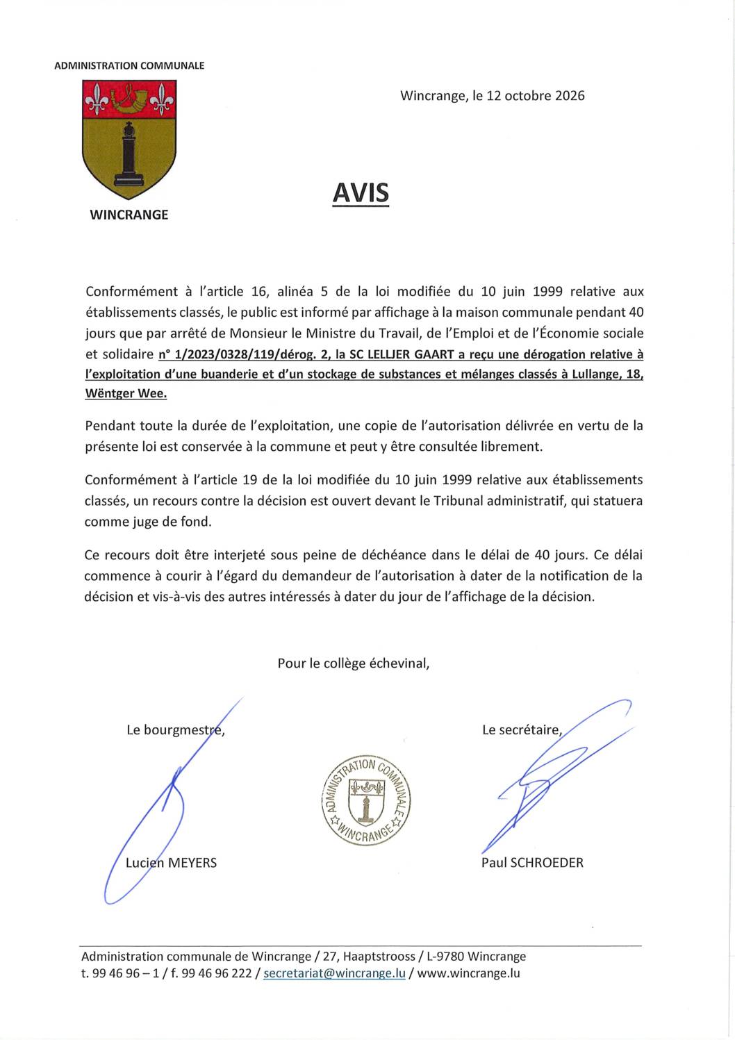 Avis: dérogation pour l’exploitation d’une buanderie et d’un stockage de substances et mélanges classés à Lullange