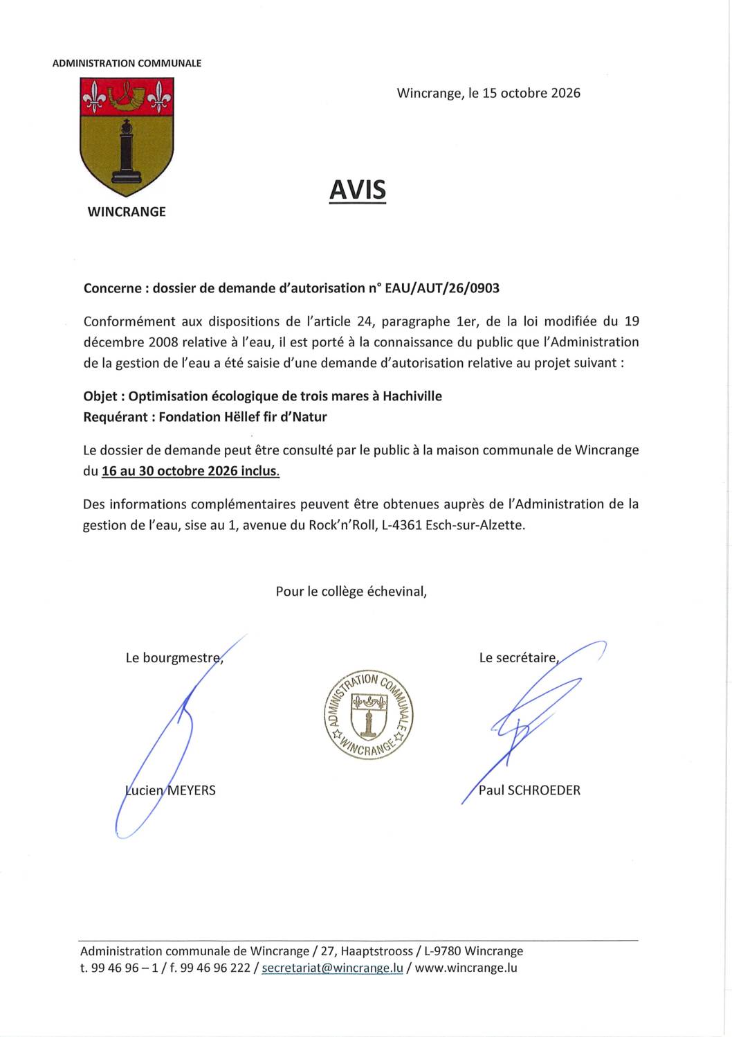 Avis de publication: optimisation écologique de trois mares à Hachiville