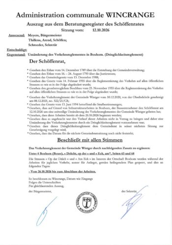Règlement de circulation: la rue "Op der Driicht" et "Am Eck" à Boxhorn barrée à la circulation à partir du 26 octobre 2026, jusqu'à finalisation des travaux