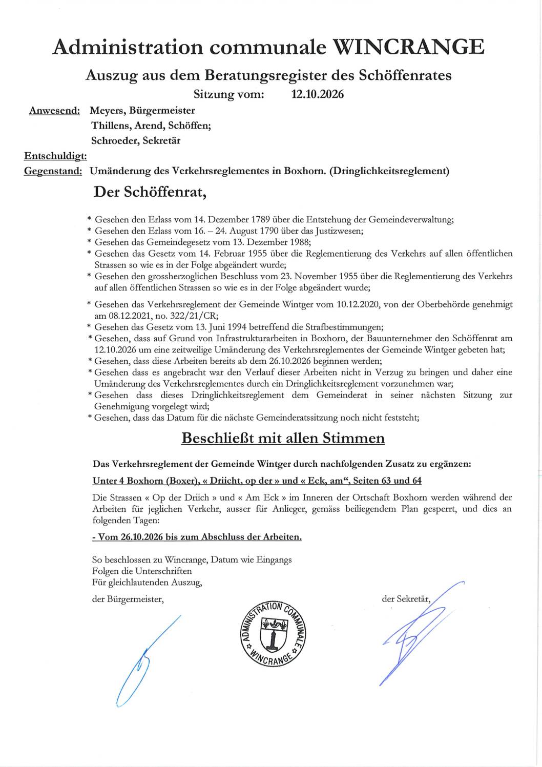 Règlement de circulation: la rue « Op der Driicht » et « Am Eck » à Boxhorn barrée à la circulation à partir du 26 octobre 2026, jusqu&rsquo;à finalisation des travaux