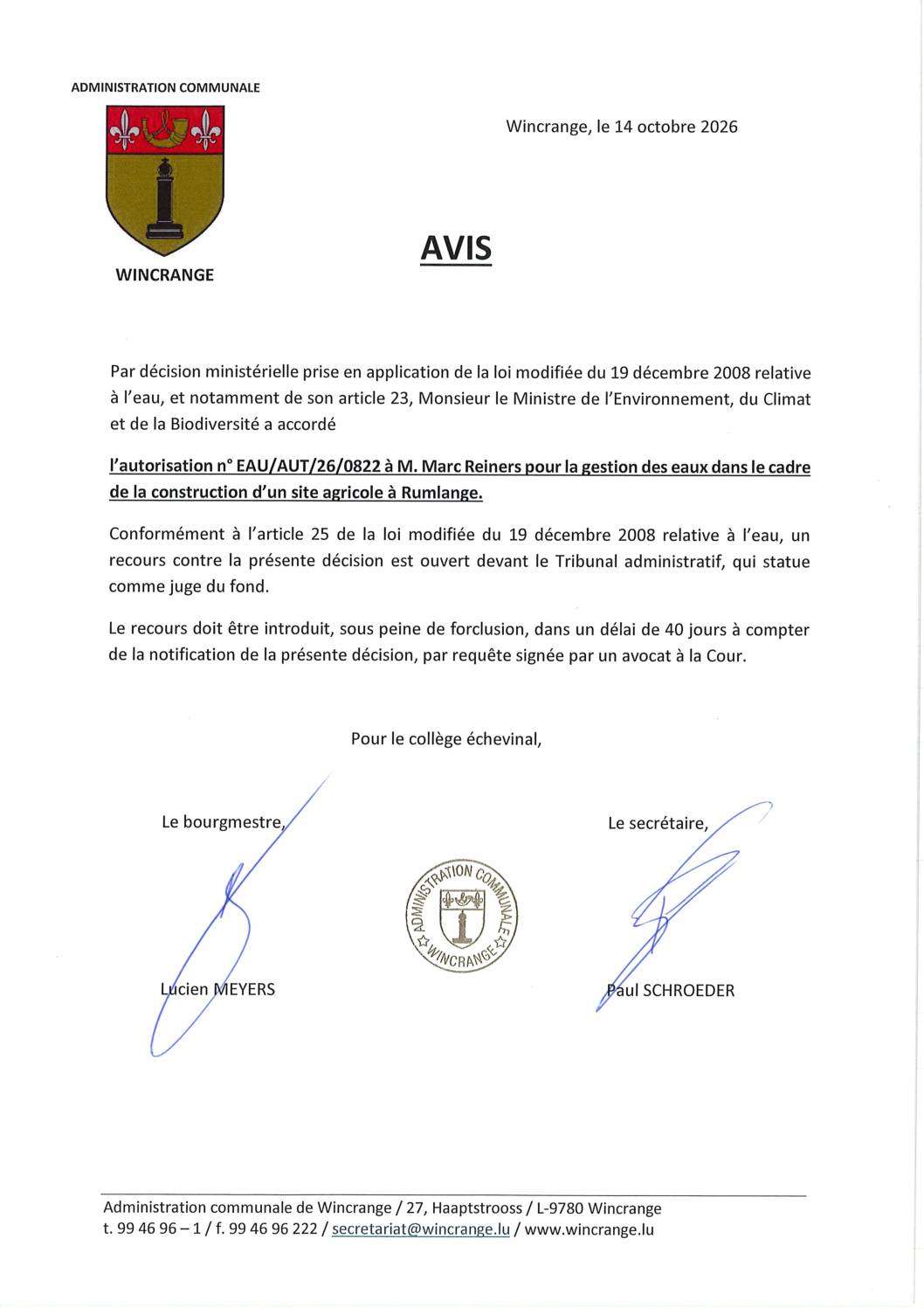 Avis: gestion des eaux dans le cadre de la construction d&rsquo;un site agricole à Rumlange