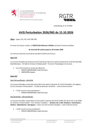 RGTR: perturbations sur les lignes 176, A13, P09, RE9 et K49 du 28 au 29 octobre 2026