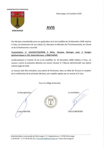 Avis: autorisation pour 3 forages géothermiques à Hoffelt