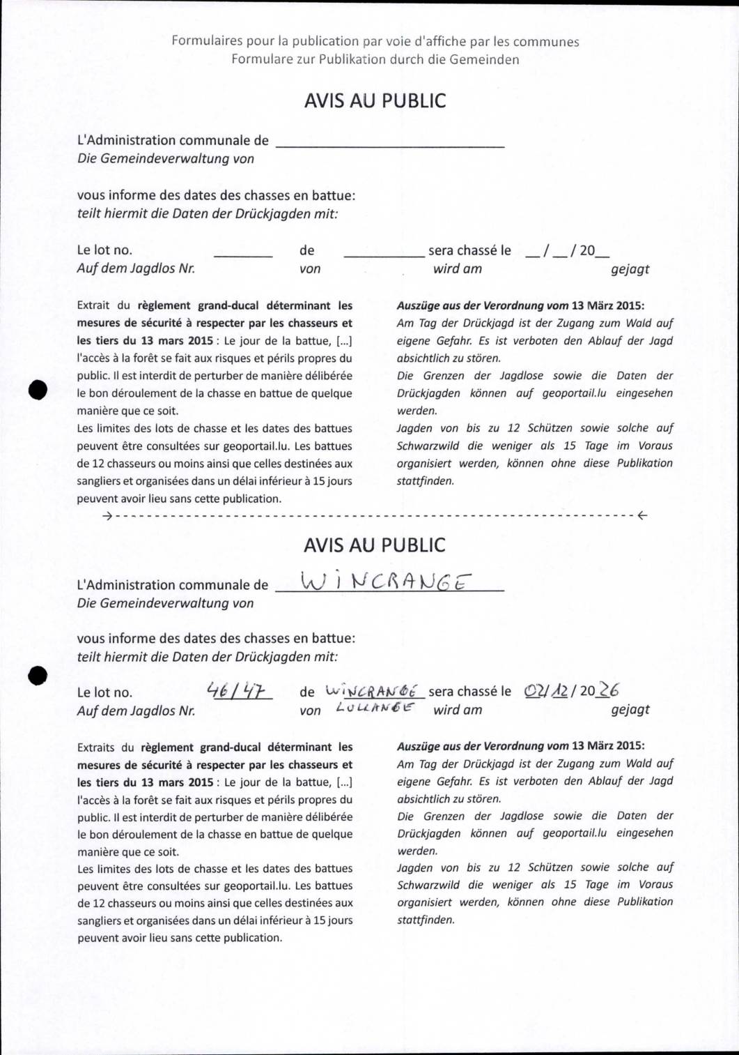 Chasse en battue lots 46 et 47 – 02 décembre 2026