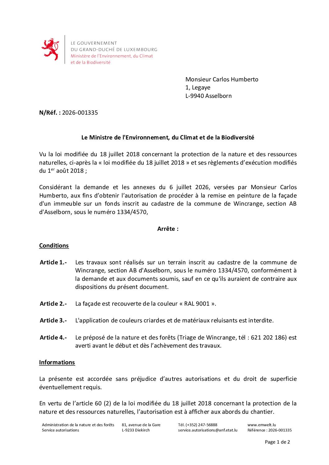 Autorisation: remise en peinture de la façade d&rsquo;un immeuble à Asselborn