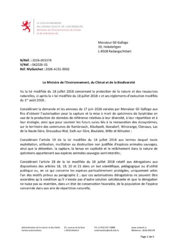 Autorisation: capture et mise à mort de spécimens de Syrphidae en vue de la production de données de référence relatives à leur diversité, répartition et écologie