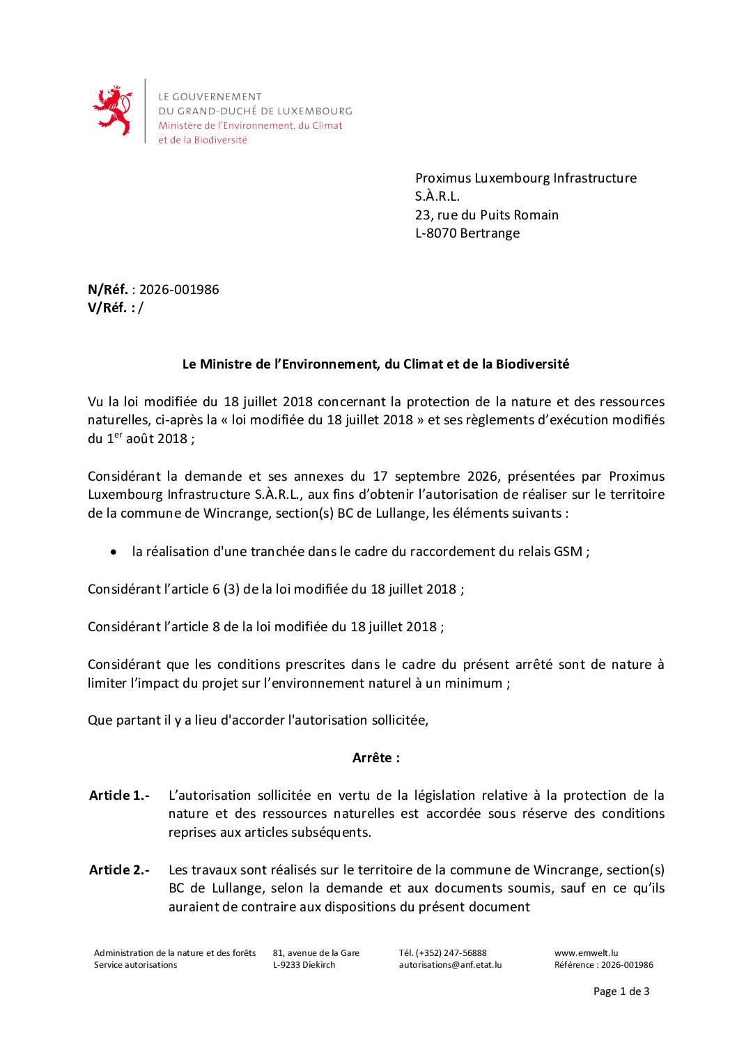 Autorisation: réalisation d&rsquo;une tranchée dans le cadre du raccordement du relais GSM