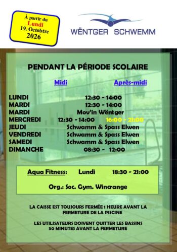 Piscine: horaires d'ouverture à partir du 19 octobre 2026