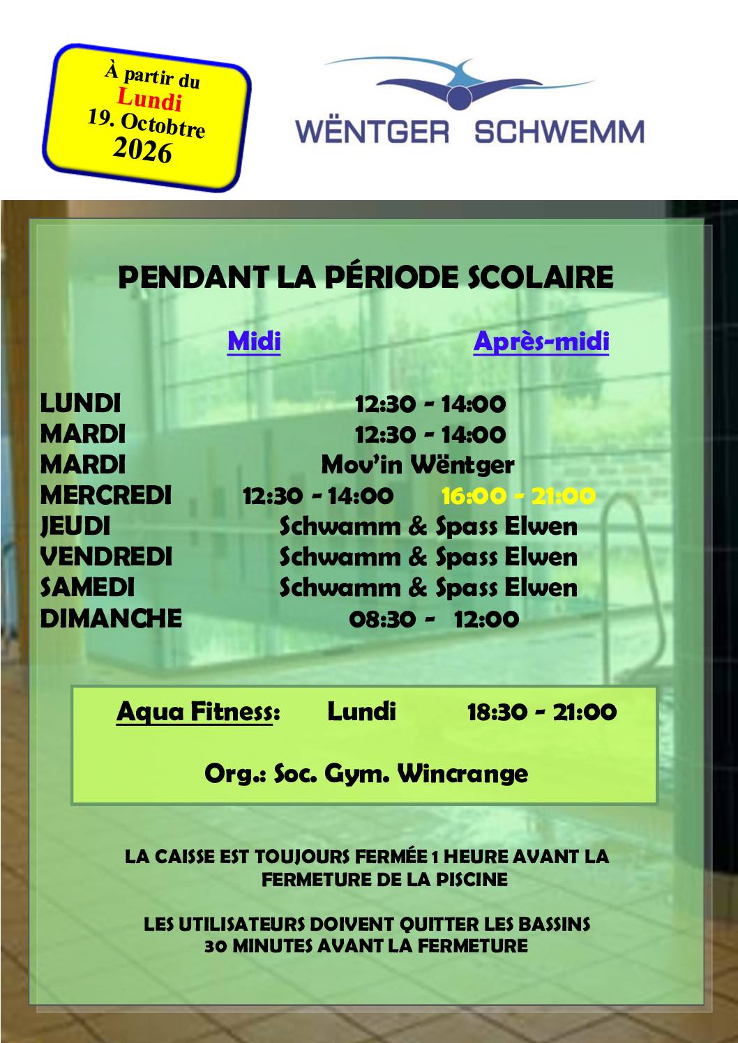 Piscine: horaires d&rsquo;ouverture à partir du 19 octobre 2026