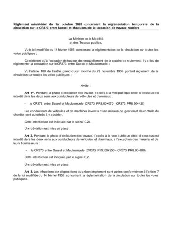 Règlement ministériel de circulation: le CR373 entre Sassel et Maulusmühle barré à la circulation du 06 au 08 octobre 2026