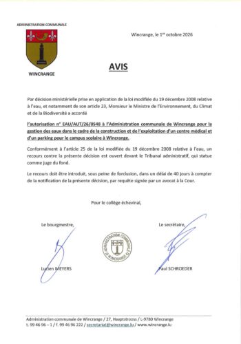Avis: gestion des eaux dans le cadre de la construction et de l'exploitation d'un centre médical et d'un parking pour le campus scolaire à Wincrange
