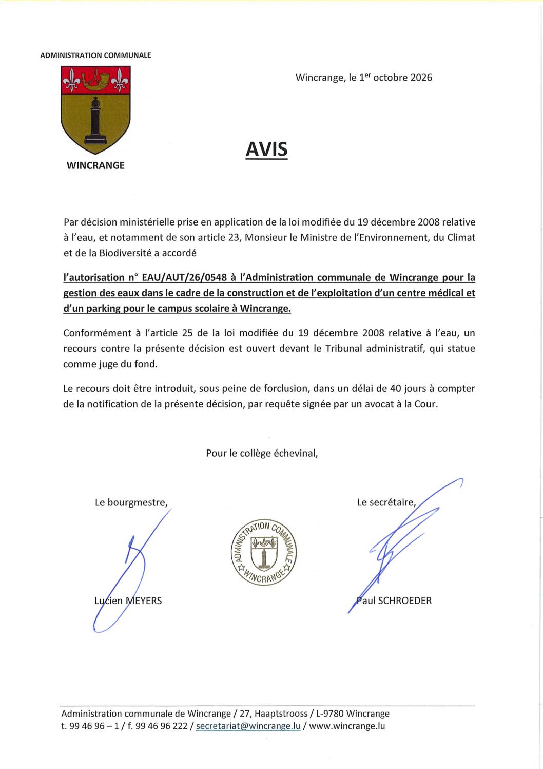Avis: gestion des eaux dans le cadre de la construction et de l&rsquo;exploitation d&rsquo;un centre médical et d&rsquo;un parking pour le campus scolaire à Wincrange